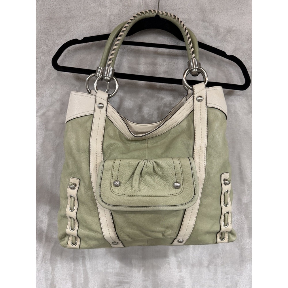 B Makowsky Leather Hobo Bag Sage Green Y2K Whipstitch Grommet Shoulder Purse